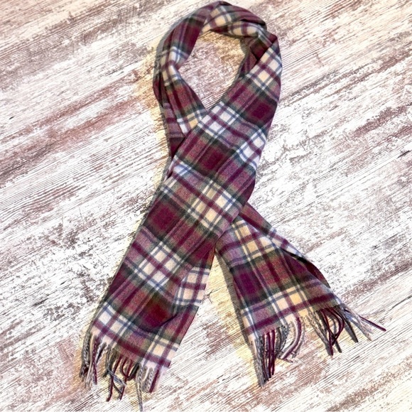 The Royal collection Plaid Fringe Scarf in Burgundy and Cream 100% cashmere - Picture 1 of 3